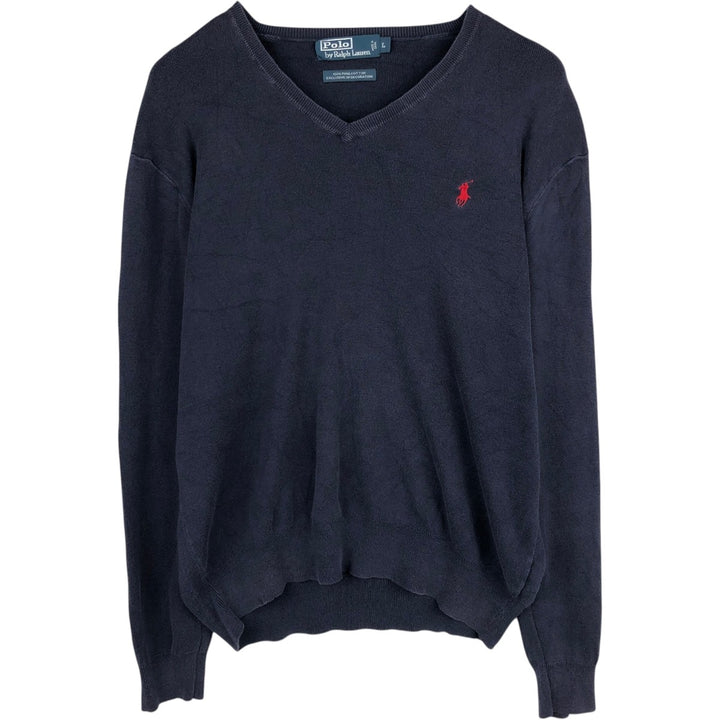 Ralph Lauren POLO by Ralph Lauren V-neck Pima cotton knit sweater, men's size L Pima Cotton navy blue type Vintage Second Hand