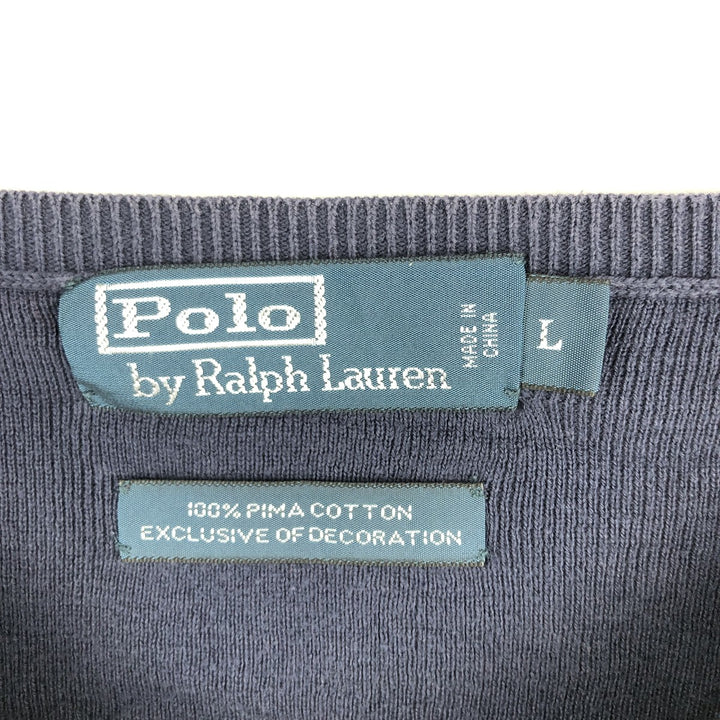 Ralph Lauren POLO by Ralph Lauren V-neck Pima cotton knit sweater, men's size L Pima Cotton navy blue type Vintage Second Hand