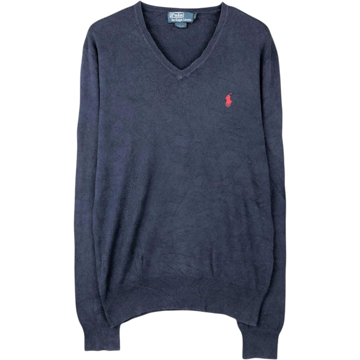Ralph Lauren POLO by Ralph Lauren V-neck cotton knit sweater, men's size S Pima Cotton navy blue type Vintage Second Hand