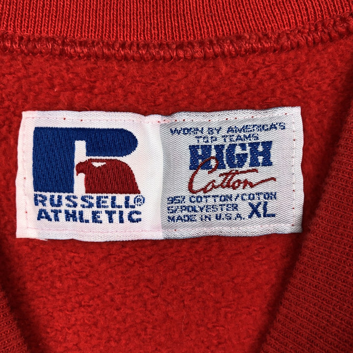 90'S Russell 3-row print college sweatshirt, made in USA, men's XL size, vintage cotton red type Vintage Second Hand