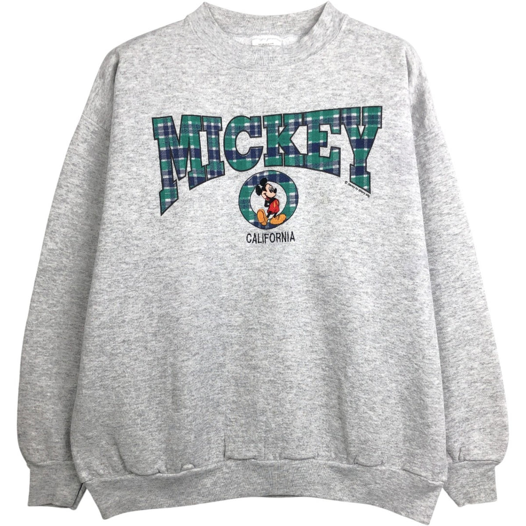 90'S Tultex Mickey Mouse Check Pattern Mock Neck Character Sweatshirt (Men's Size L) cotton gray type Vintage Second Hand