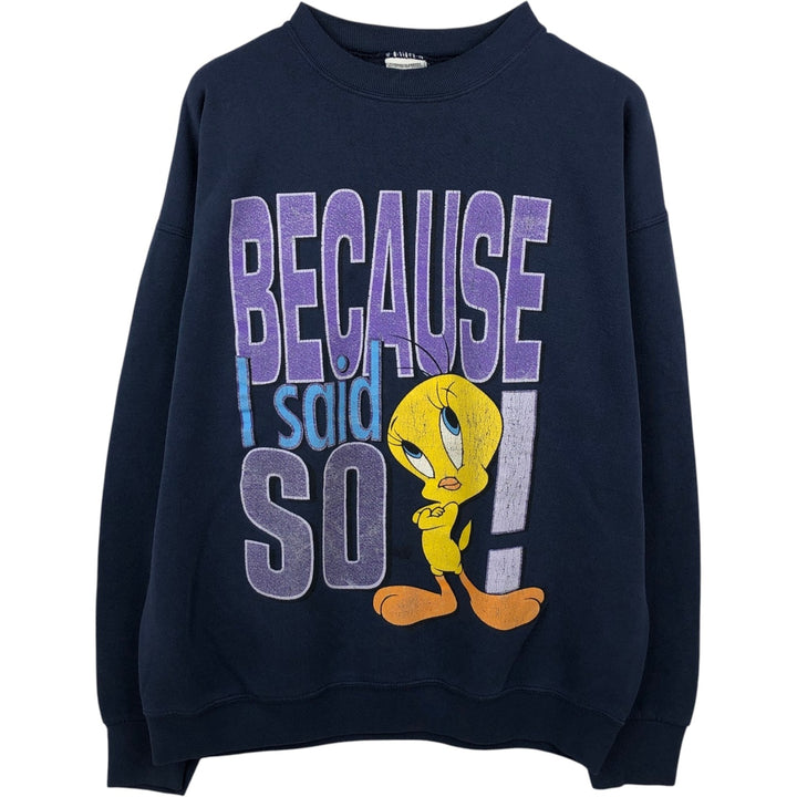 90'S Looney Tunes Tweety character sweatshirt, men's size XL (approx.) cotton navy blue type Vintage Second Hand