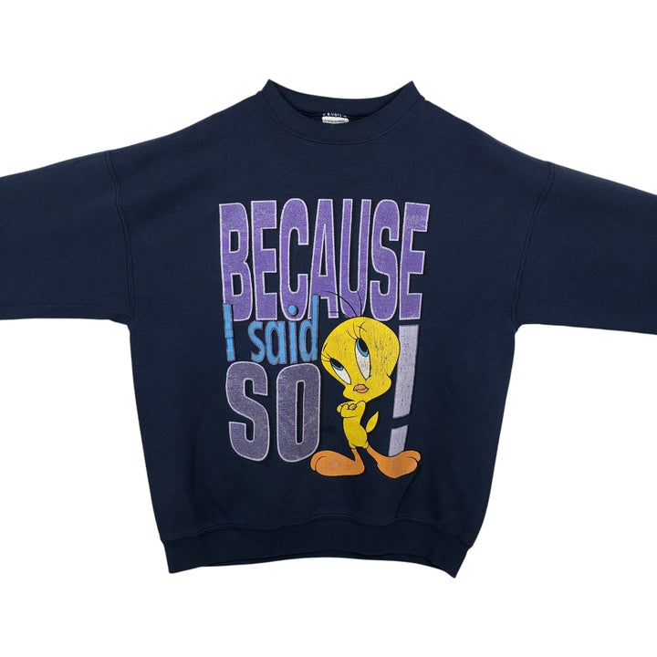 90'S Looney Tunes Tweety character sweatshirt, men's size XL (approx.) cotton navy blue type Vintage Second Hand