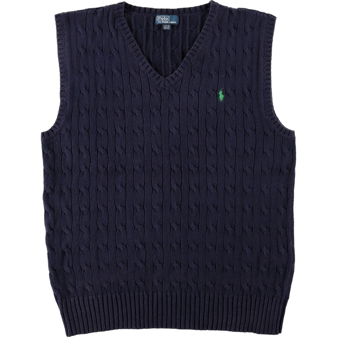 Ralph Lauren POLO by Ralph Lauren Cable Knit V-Neck Cotton Vest, Women's Size L (approx.) cotton navy blue type Vintage Second Hand