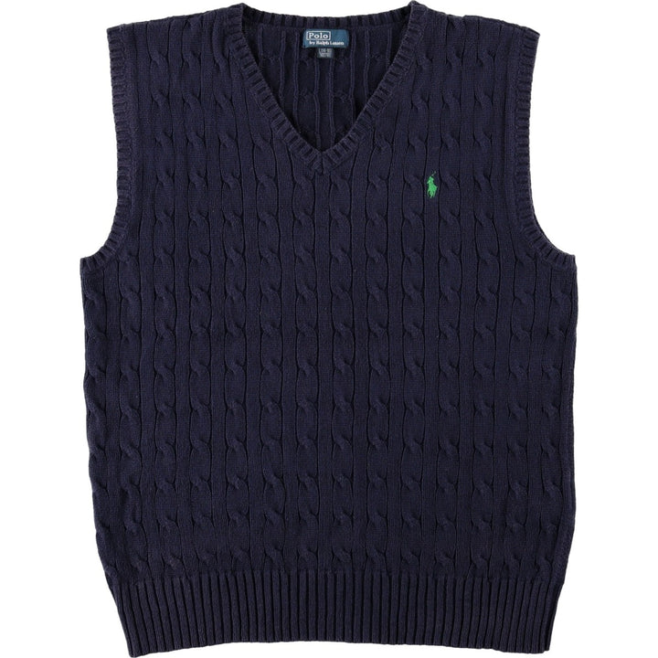 Ralph Lauren POLO by Ralph Lauren Cable Knit V-Neck Cotton Vest, Women's Size L (approx.) cotton navy blue type Vintage Second Hand