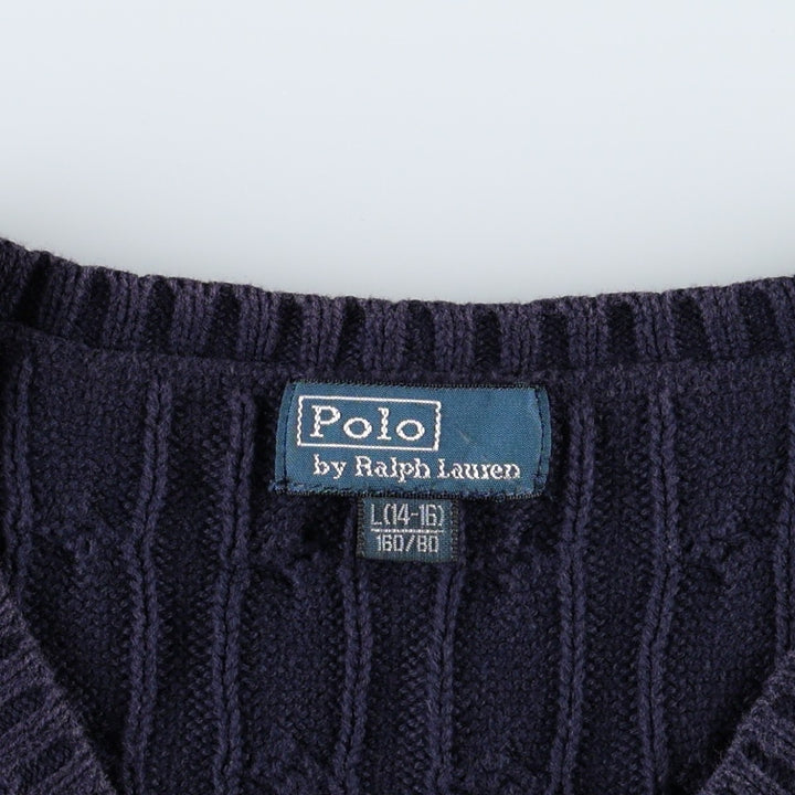 Ralph Lauren POLO by Ralph Lauren Cable Knit V-Neck Cotton Vest, Women's Size L (approx.) cotton navy blue type Vintage Second Hand