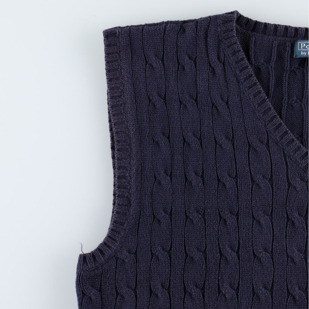 Ralph Lauren POLO by Ralph Lauren Cable Knit V-Neck Cotton Vest, Women's Size L (approx.) cotton navy blue type Vintage Second Hand