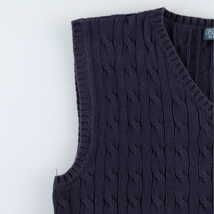 Ralph Lauren POLO by Ralph Lauren Cable Knit V-Neck Cotton Vest, Women's Size L (approx.) cotton navy blue type Vintage Second Hand