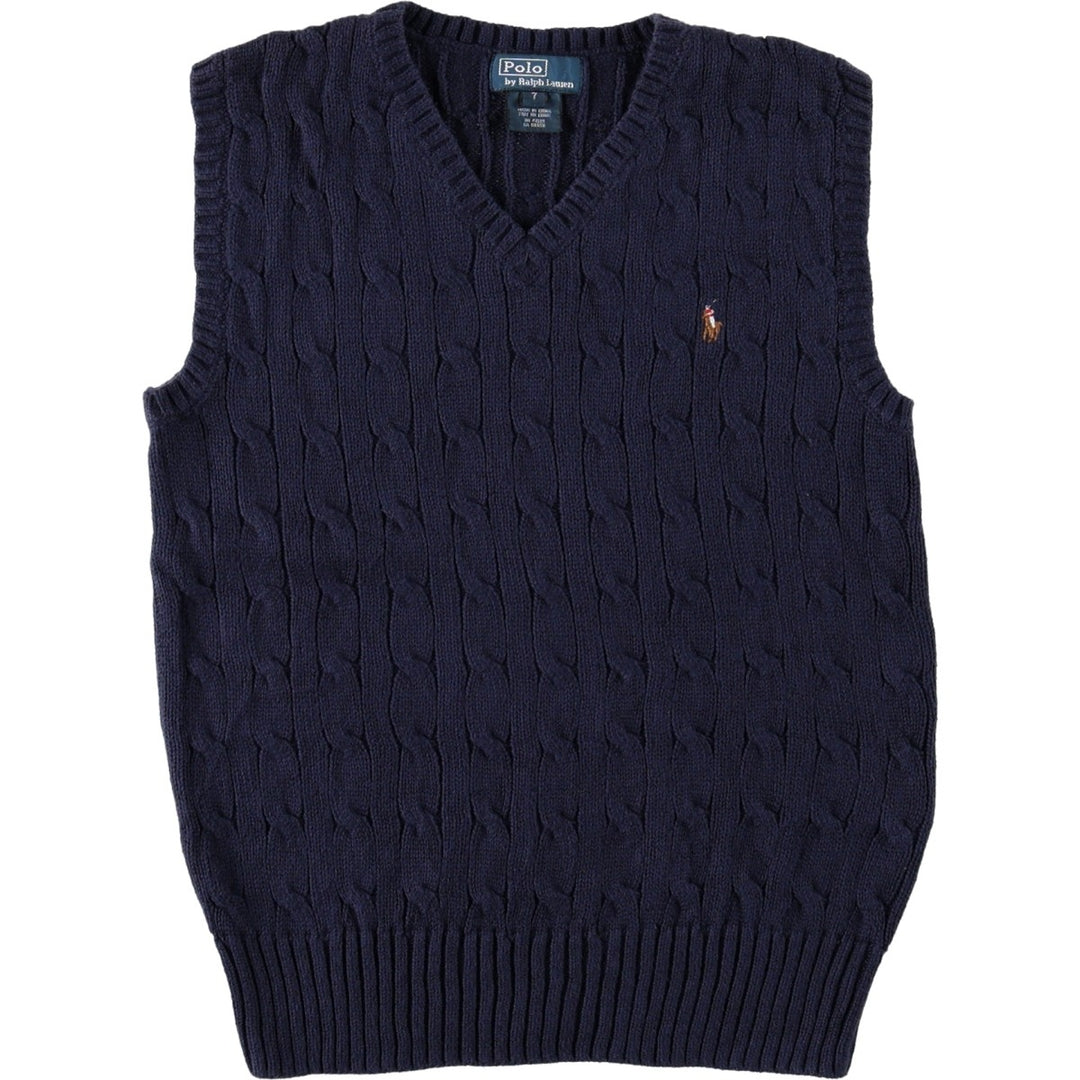 Ralph Lauren POLO by Ralph Lauren Cable Knit V-Neck Cotton Vest, Women's Size XS (approx.) cotton navy blue type Vintage Second Hand