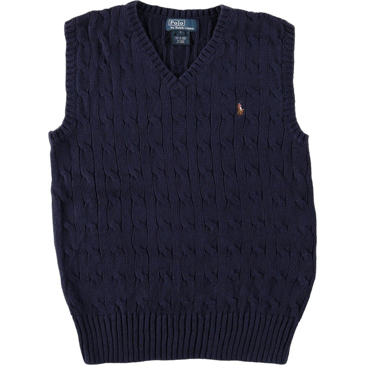 Ralph Lauren POLO by Ralph Lauren Cable Knit V-Neck Cotton Vest, Women's Size XS (approx.) cotton navy blue type Vintage Second Hand