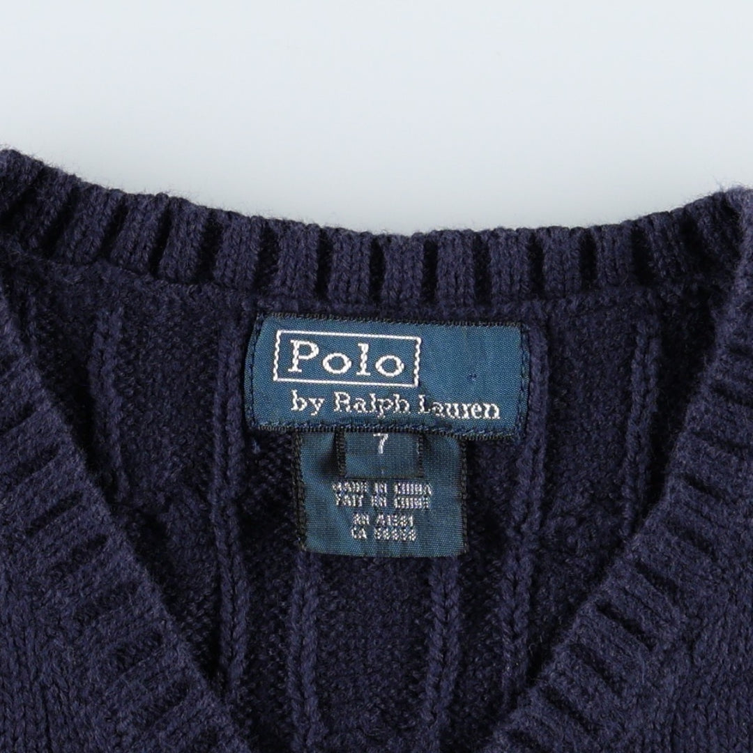 Ralph Lauren POLO by Ralph Lauren Cable Knit V-Neck Cotton Vest, Women's Size XS (approx.) cotton navy blue type Vintage Second Hand