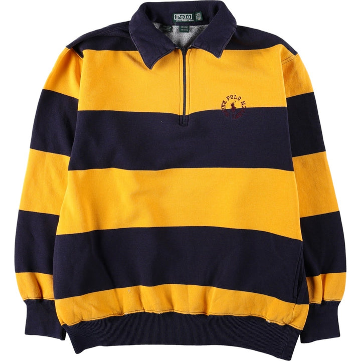 1980'S Ralph Lauren POLO by Ralph Lauren Striped Pattern Half-Zip Sweatshirt, Women's Size L (approx.), Vintage cotton navy blue type Vintage Second Hand
