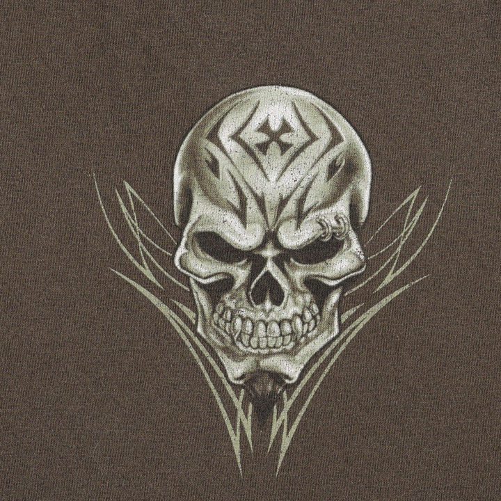 ALSTYLE Skull Pattern Fire Pattern Tribal Print T-Shirt (Men's Size M) cotton walnut Vintage Second Hand