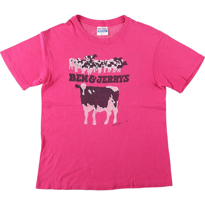 90'S Hanes Ben And Jerry's advertising T-shirt, made in USA, women's size M equivalent. cotton pink type Vintage Second Hand