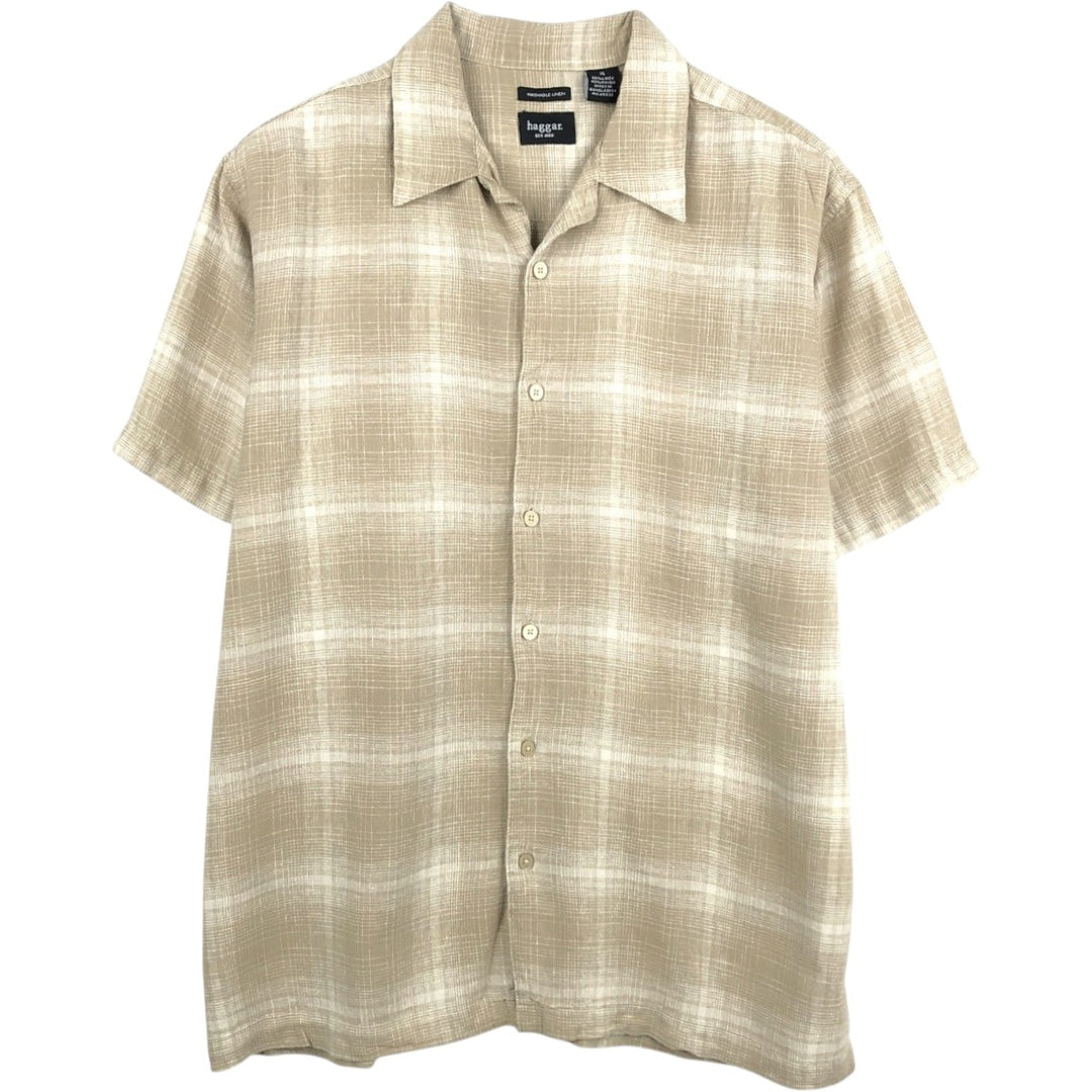 HAGGAR Ombre Check Short-Sleeve Open Collar Rayon x Linen Shirt, Boxy Shirt, Men's XL Equivalent linen Beige type Vintage Second Hand