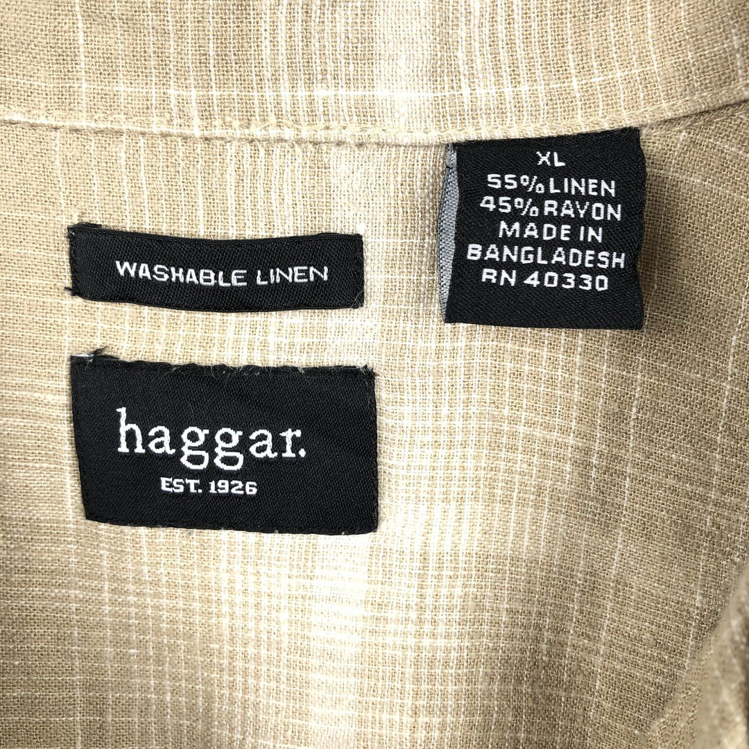 HAGGAR Ombre Check Short-Sleeve Open Collar Rayon x Linen Shirt, Boxy Shirt, Men's XL Equivalent linen Beige type Vintage Second Hand