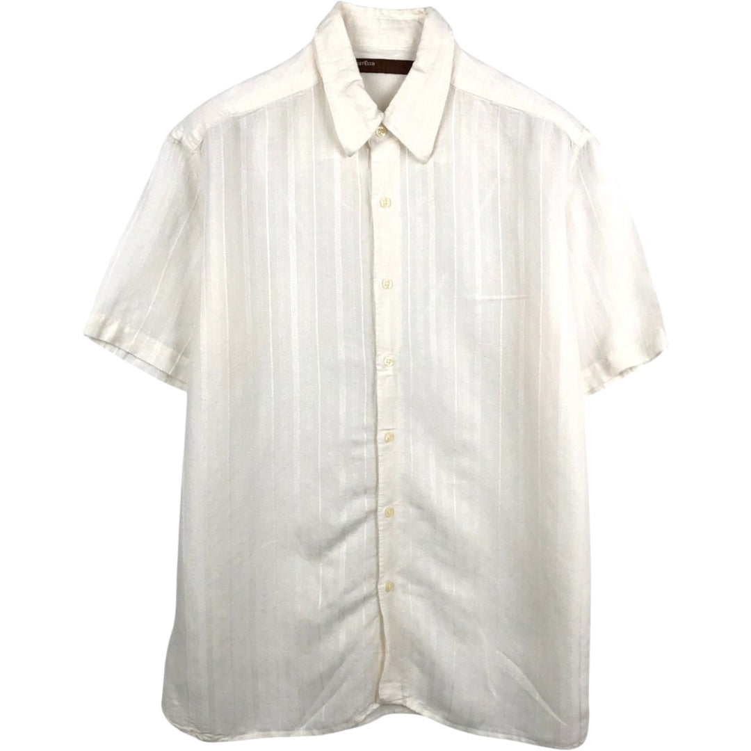 Perry Ellis multi-stripe short-sleeved linen x rayon shirt, men's size L equivalent. linen white type Vintage Second Hand