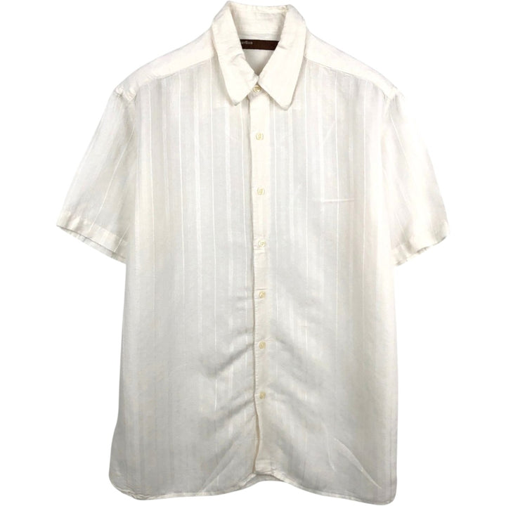 Perry Ellis multi-stripe short-sleeved linen x rayon shirt, men's size L equivalent. linen white type Vintage Second Hand
