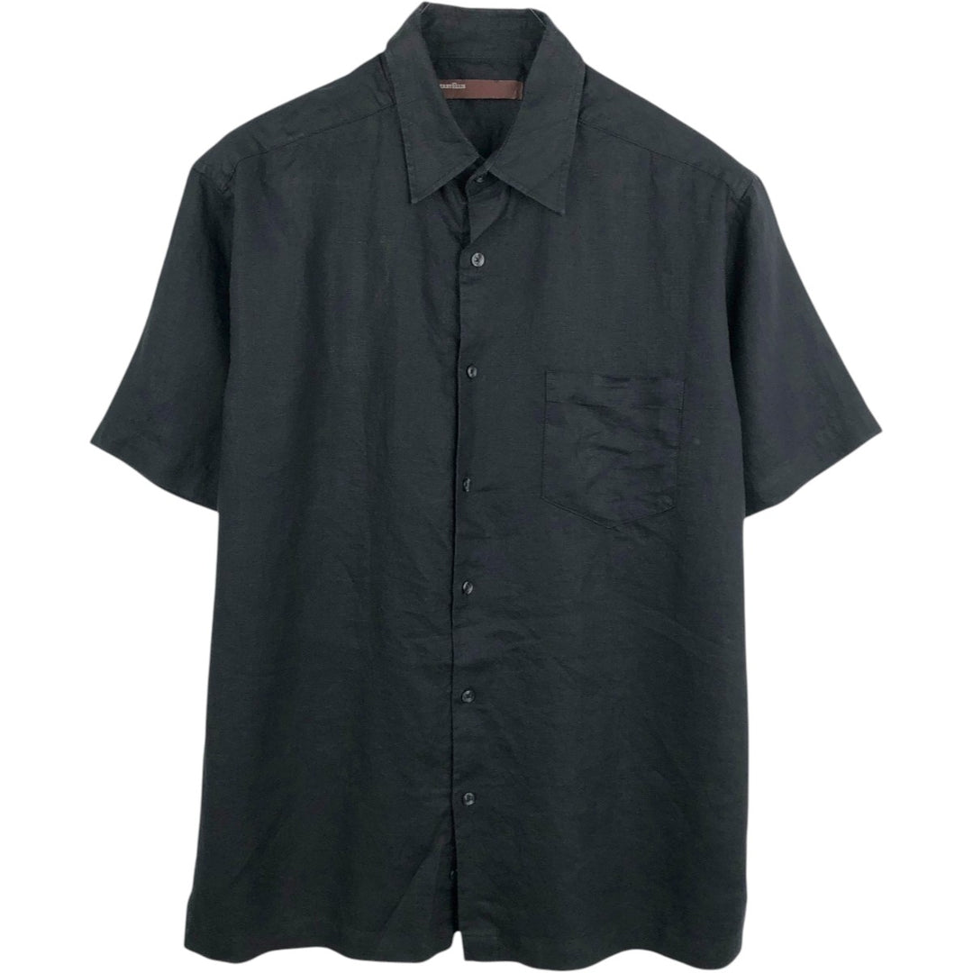 Perry Ellis short-sleeved linen box shirt, men's size L equivalent. linen black type Vintage Second Hand