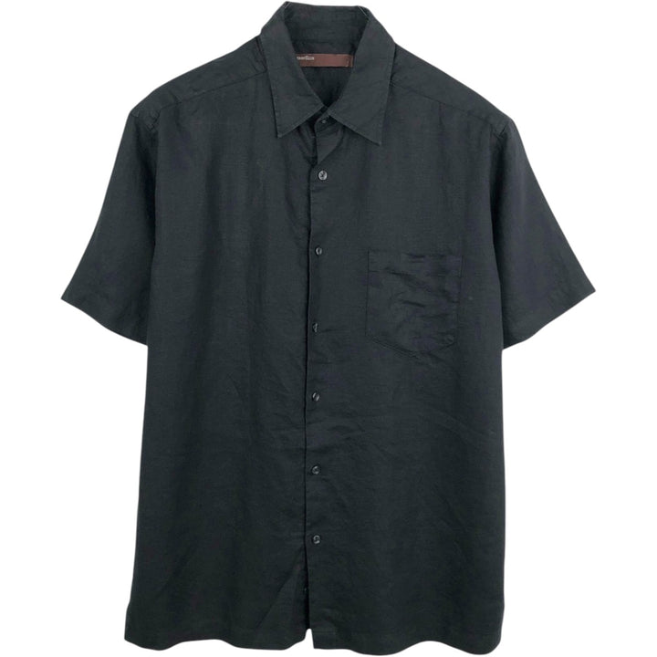 Perry Ellis short-sleeved linen box shirt, men's size L equivalent. linen black type Vintage Second Hand