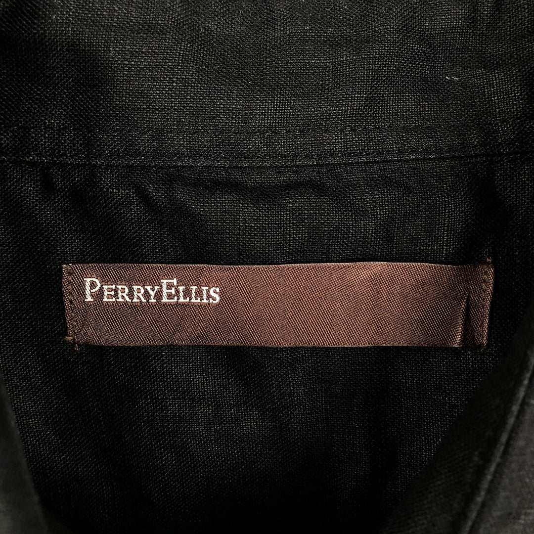 Perry Ellis short-sleeved linen box shirt, men's size L equivalent. linen black type Vintage Second Hand
