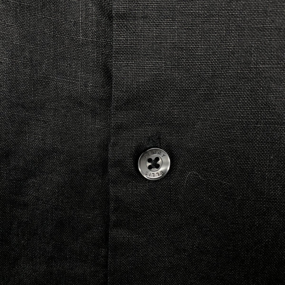 Perry Ellis short-sleeved linen box shirt, men's size L equivalent. linen black type Vintage Second Hand
