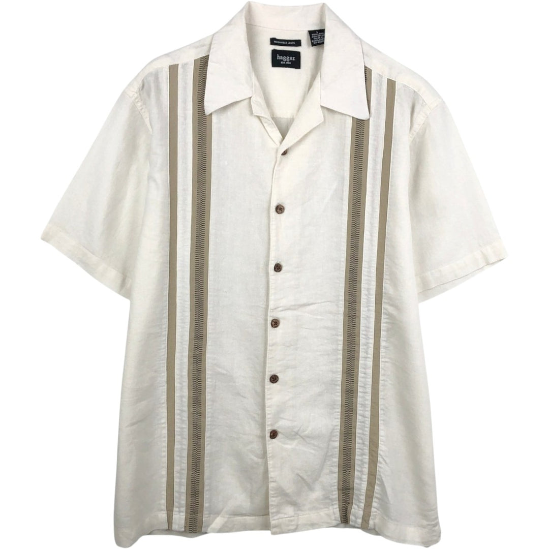 HAGGAR Washable Linen Short-Sleeve Open-Collar Rayon x Linen Box Shirt (Men's Size L) linen white type Vintage Second Hand