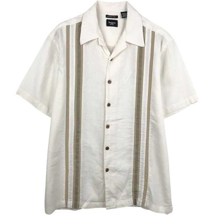 HAGGAR Washable Linen Short-Sleeve Open-Collar Rayon x Linen Box Shirt (Men's Size L) linen white type Vintage Second Hand
