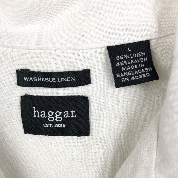 HAGGAR Washable Linen Short-Sleeve Open-Collar Rayon x Linen Box Shirt (Men's Size L) linen white type Vintage Second Hand