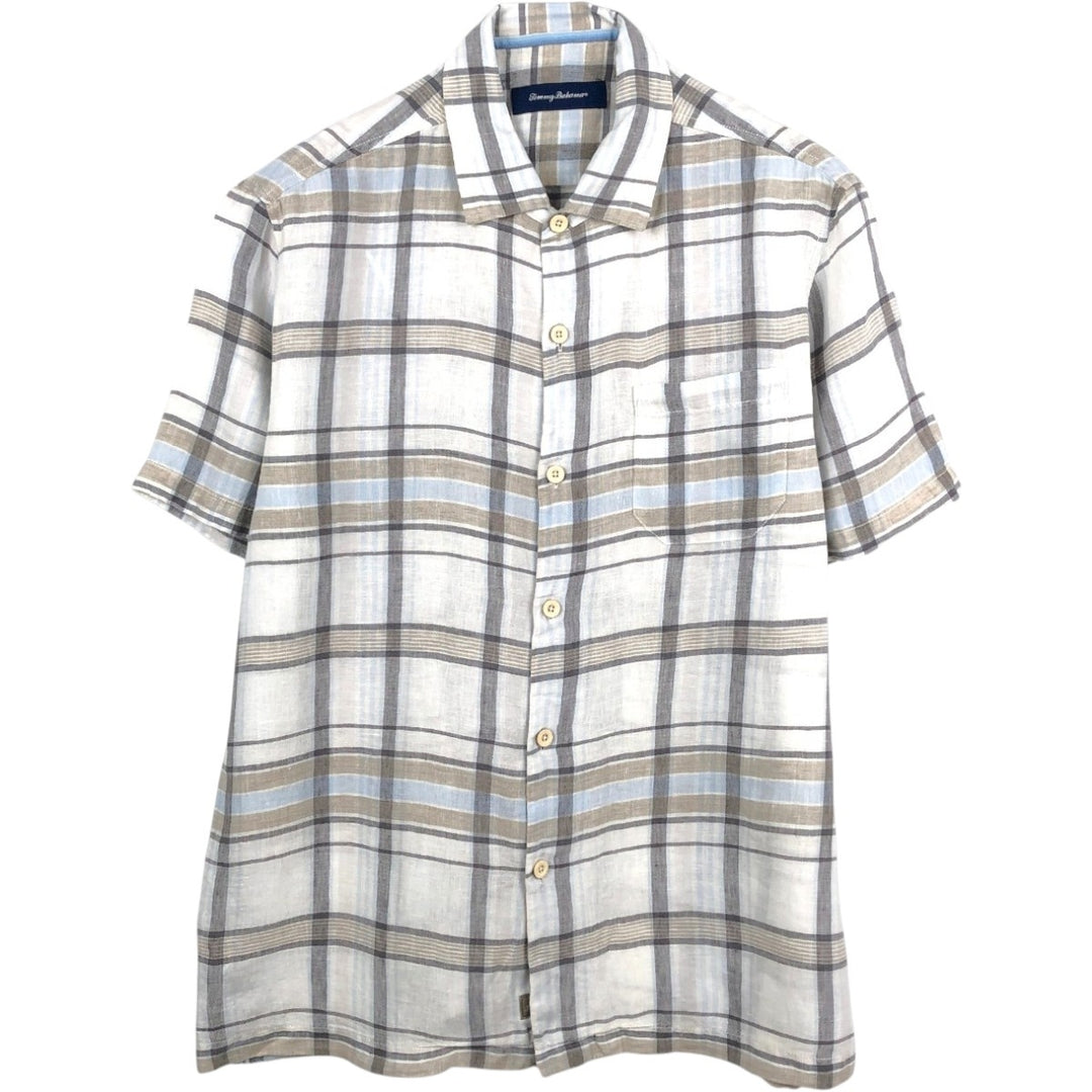Tommy Bahama Check Pattern Short-Sleeve Linen Shirt, Boxy Shirt, Men's Size L (approx.) linen white type Vintage Second Hand