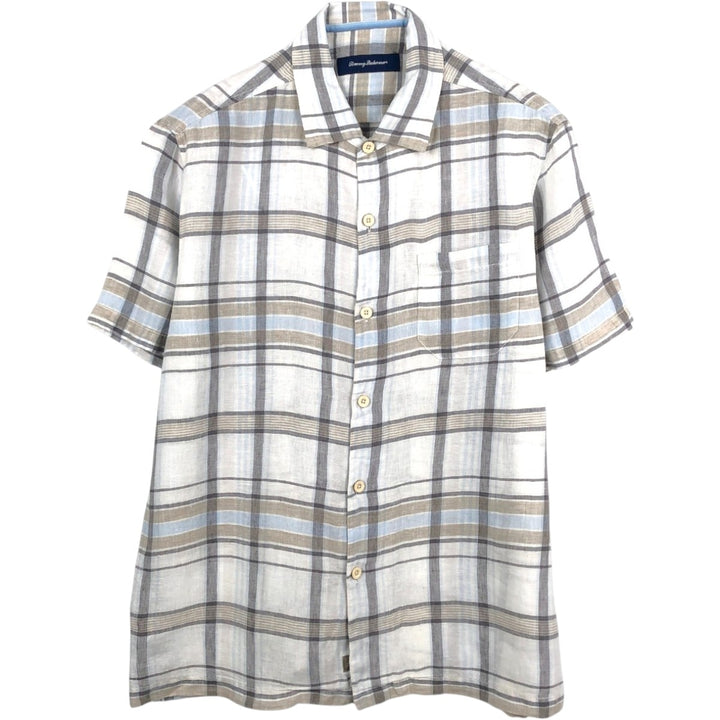 Tommy Bahama Check Pattern Short-Sleeve Linen Shirt, Boxy Shirt, Men's Size L (approx.) linen white type Vintage Second Hand