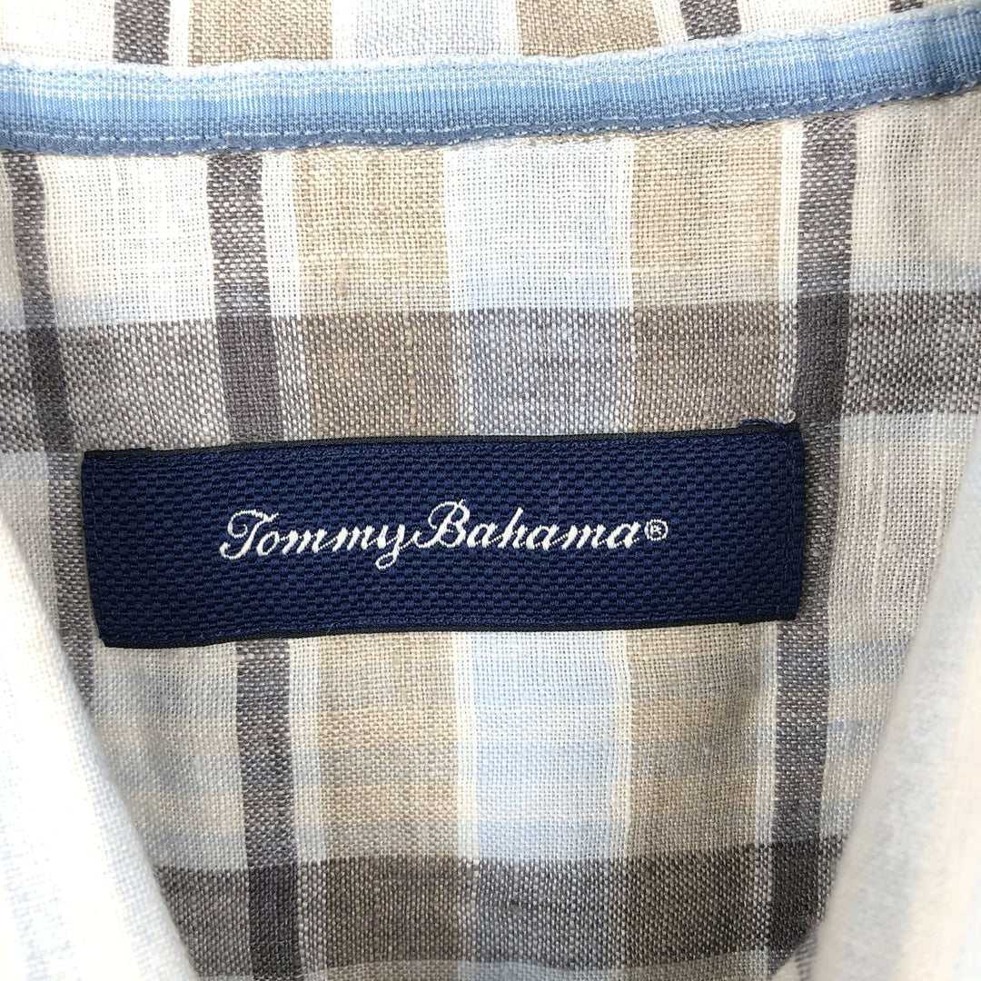 Tommy Bahama Check Pattern Short-Sleeve Linen Shirt, Boxy Shirt, Men's Size L (approx.) linen white type Vintage Second Hand
