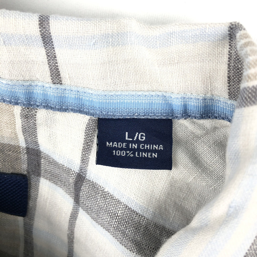 Tommy Bahama Check Pattern Short-Sleeve Linen Shirt, Boxy Shirt, Men's Size L (approx.) linen white type Vintage Second Hand