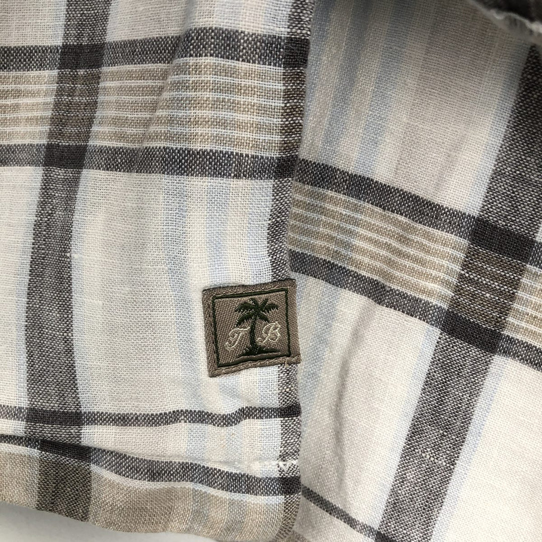 Tommy Bahama Check Pattern Short-Sleeve Linen Shirt, Boxy Shirt, Men's Size L (approx.) linen white type Vintage Second Hand