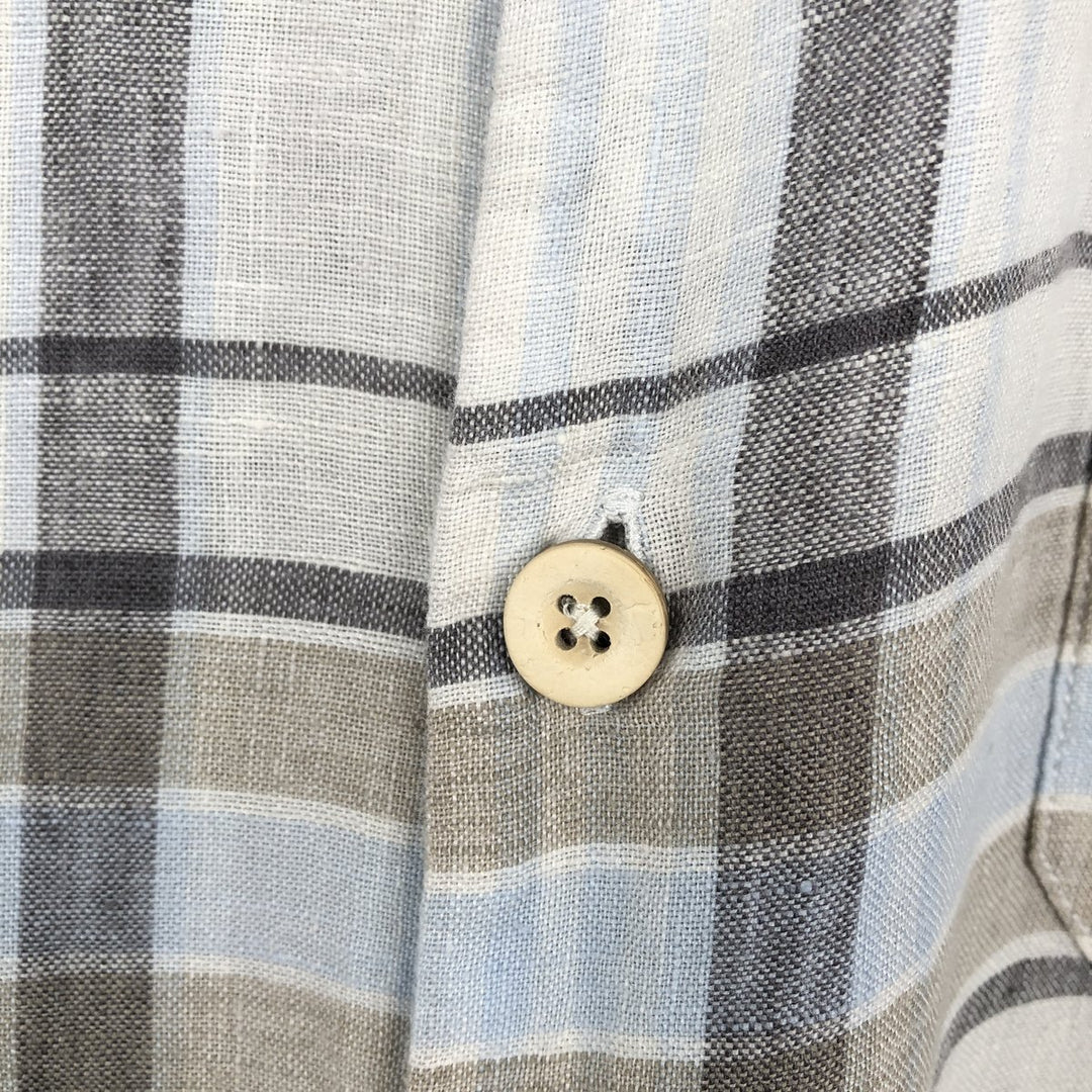 Tommy Bahama Check Pattern Short-Sleeve Linen Shirt, Boxy Shirt, Men's Size L (approx.) linen white type Vintage Second Hand
