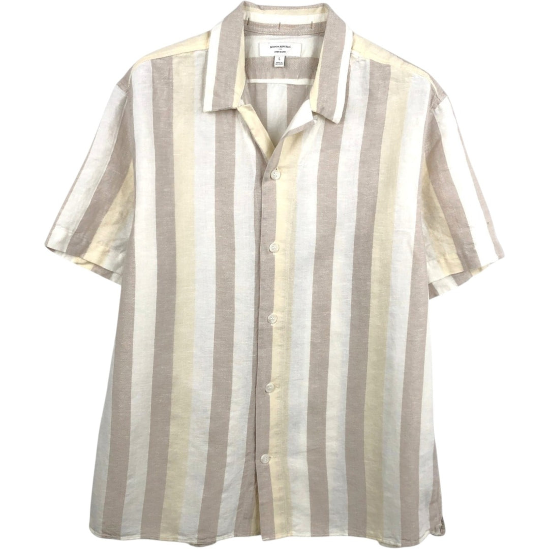 BANANA REPUBLIC LINEN-BLEND Stripe Pattern Short-Sleeve Open Collar Cotton x Linen Shirt, Boxy Fit, Men's Size L (approx.) linen pale white type Vintage Second Hand
