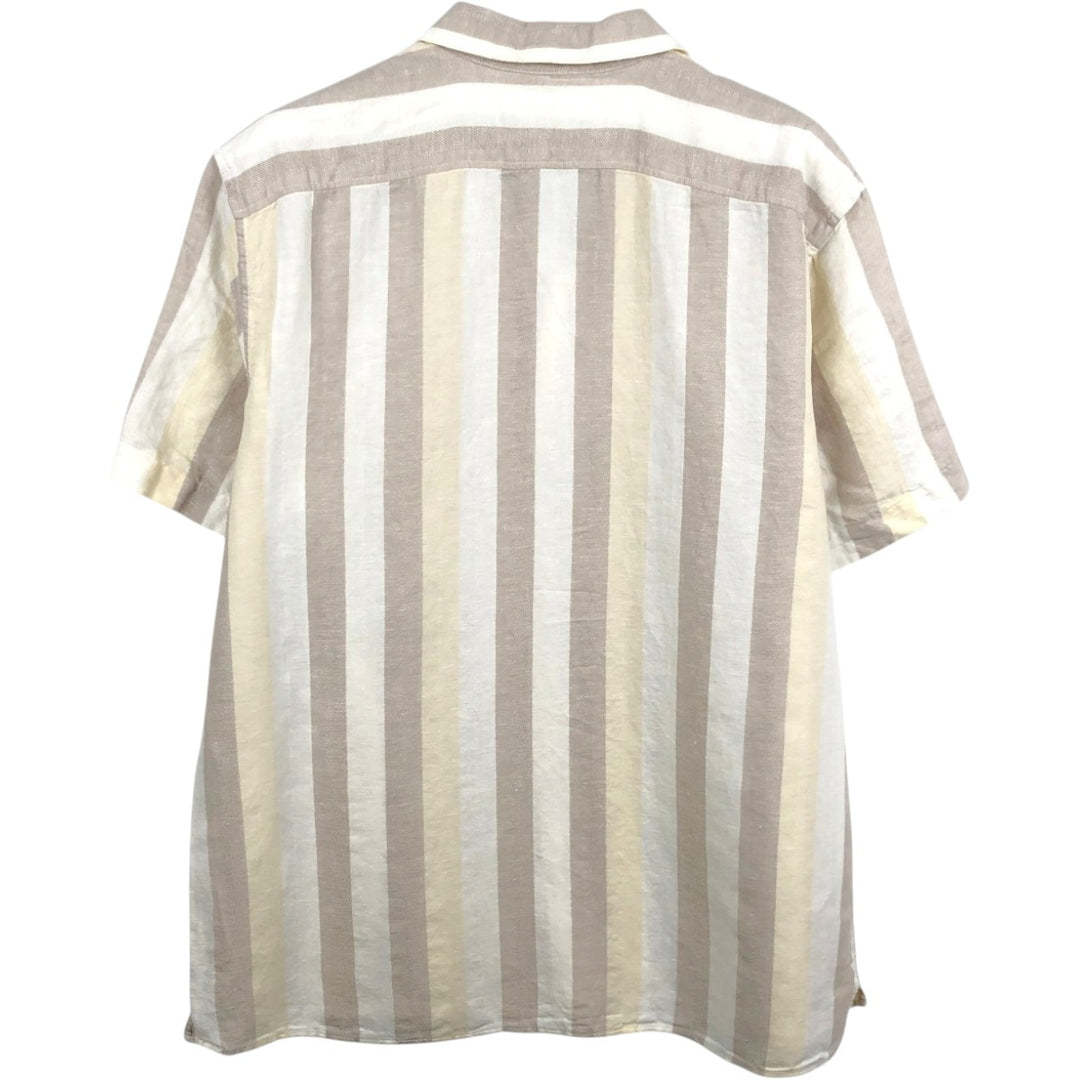 BANANA REPUBLIC LINEN-BLEND Stripe Pattern Short-Sleeve Open Collar Cotton x Linen Shirt, Boxy Fit, Men's Size L (approx.) linen pale white type Vintage Second Hand