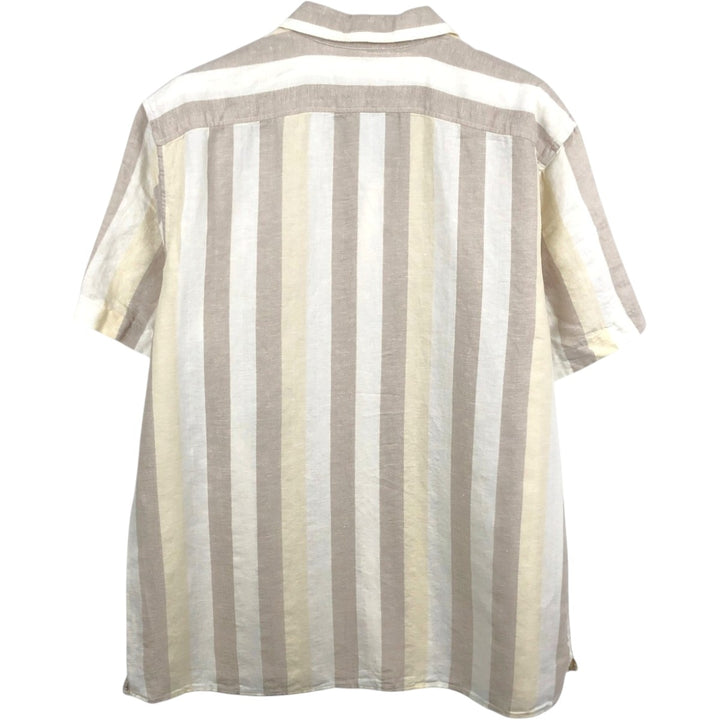 BANANA REPUBLIC LINEN-BLEND Stripe Pattern Short-Sleeve Open Collar Cotton x Linen Shirt, Boxy Fit, Men's Size L (approx.) linen pale white type Vintage Second Hand