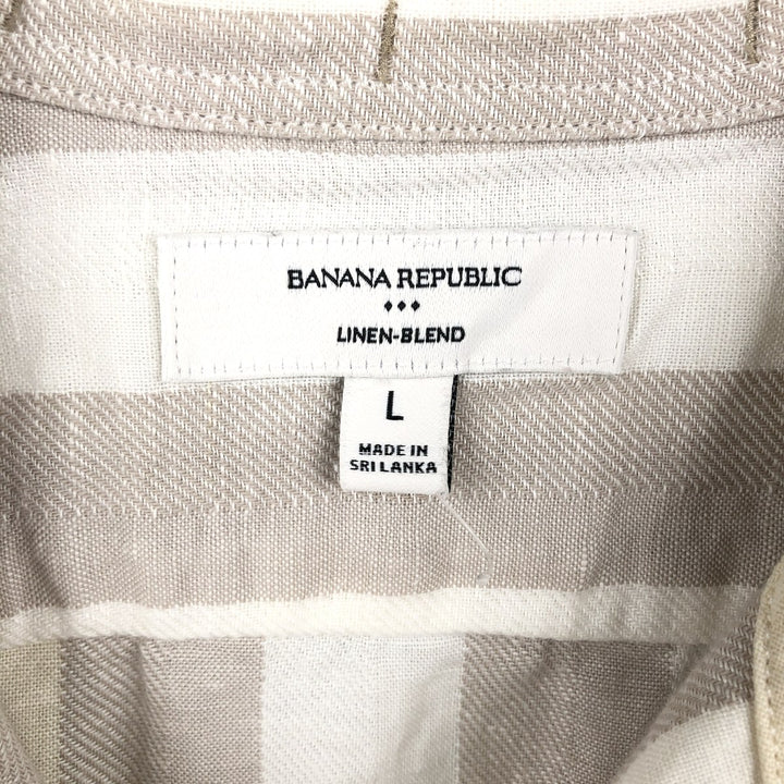 BANANA REPUBLIC LINEN-BLEND Stripe Pattern Short-Sleeve Open Collar Cotton x Linen Shirt, Boxy Fit, Men's Size L (approx.) linen pale white type Vintage Second Hand
