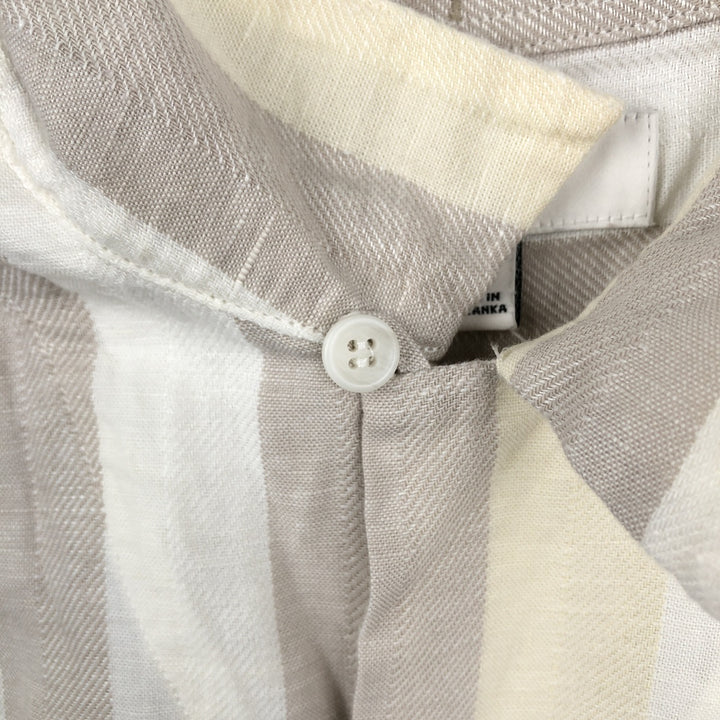 BANANA REPUBLIC LINEN-BLEND Stripe Pattern Short-Sleeve Open Collar Cotton x Linen Shirt, Boxy Fit, Men's Size L (approx.) linen pale white type Vintage Second Hand