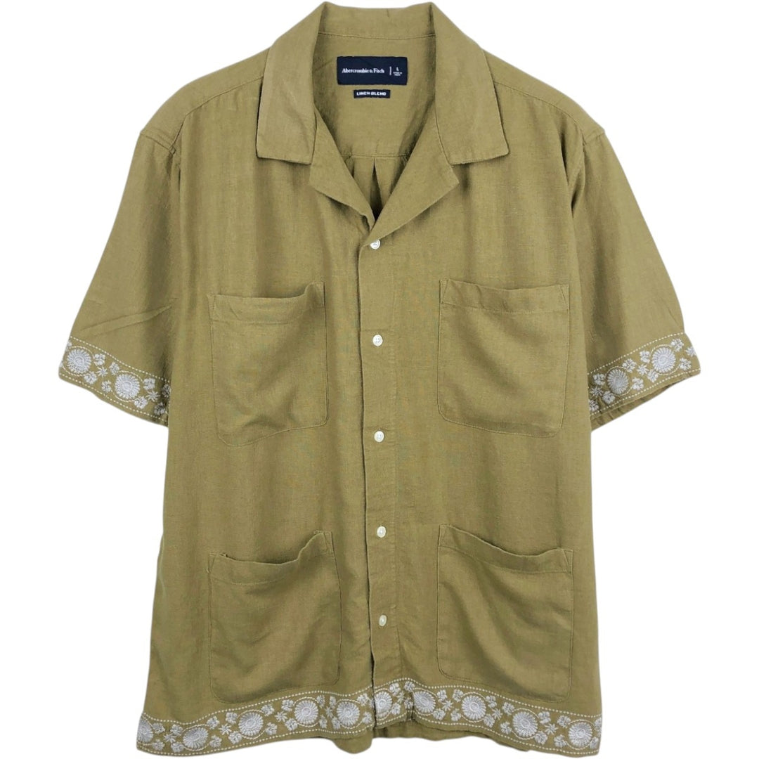Abercrombie & Fitch Short-Sleeve Open-Collar Viscose x Linen Shirt, Boxy Fit, Men's Size L (approx.) linen Khaki type Vintage Second Hand
