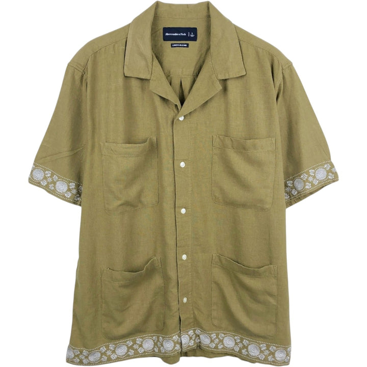 Abercrombie & Fitch Short-Sleeve Open-Collar Viscose x Linen Shirt, Boxy Fit, Men's Size L (approx.) linen Khaki type Vintage Second Hand