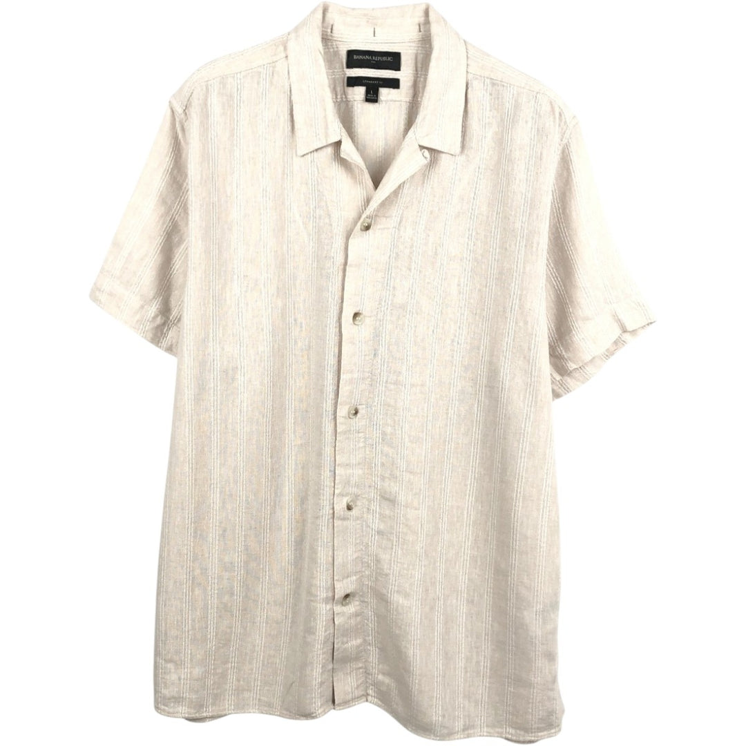 BANANA REPUBLIC STANDARD FIT Stripe Pattern Short-Sleeve Open Collar Linen Shirt, Boxy Shirt, Men's Size L (approx.) linen Beige type Vintage Second Hand