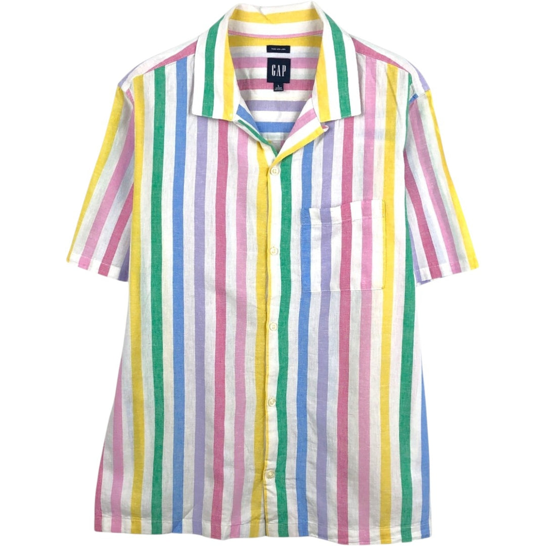 GAP Stripe Pattern Short-Sleeve Open-Collar Linen x Cotton Box Shirt (Men's Size L equivalent) linen white type Vintage Second Hand