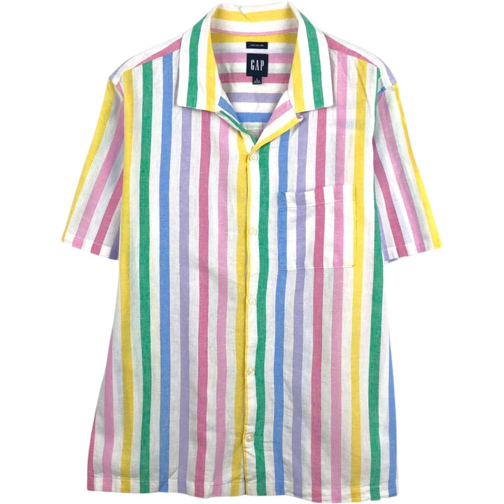 GAP Stripe Pattern Short-Sleeve Open-Collar Linen x Cotton Box Shirt (Men's Size L equivalent) linen white type Vintage Second Hand
