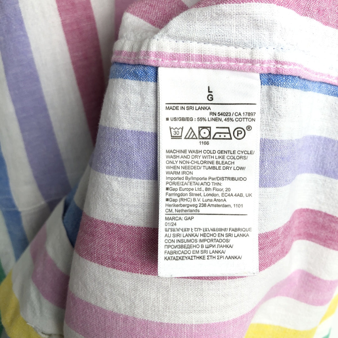 GAP Stripe Pattern Short-Sleeve Open-Collar Linen x Cotton Box Shirt (Men's Size L equivalent) linen white type Vintage Second Hand