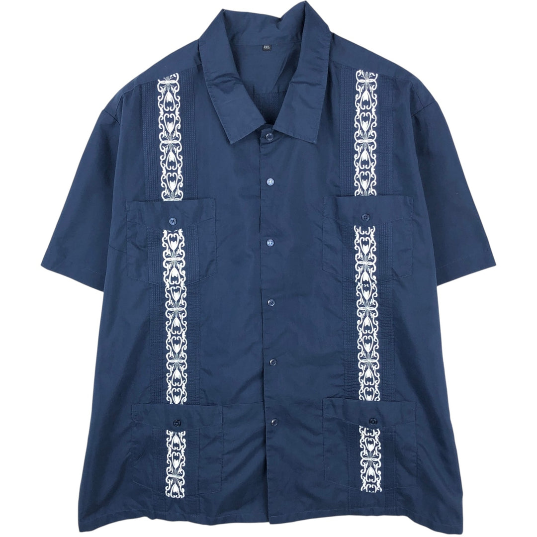 Short-sleeved Mexican shirt, Cuban shirt, boxy shirt, men's size XXL equivalent. polyester Navy blue Vintage Second Hand