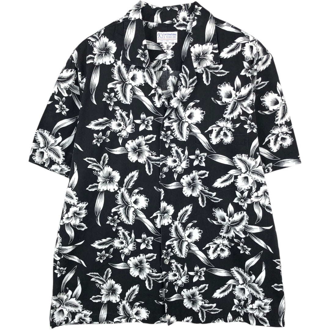 ~90'S KY'S INTERNATIONAL FASHION All-over Hibiscus Pattern Open Collar Aloha Shirt Box Shirt Men's Size L unclear black type Vintage Second Hand