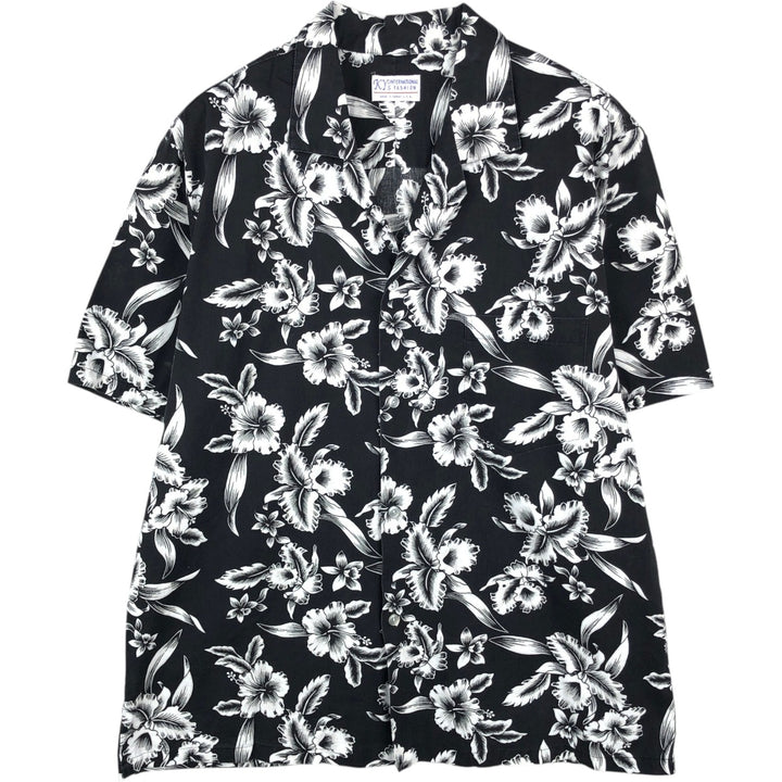 ~90'S KY'S INTERNATIONAL FASHION All-over Hibiscus Pattern Open Collar Aloha Shirt Box Shirt Men's Size L unclear black type Vintage Second Hand