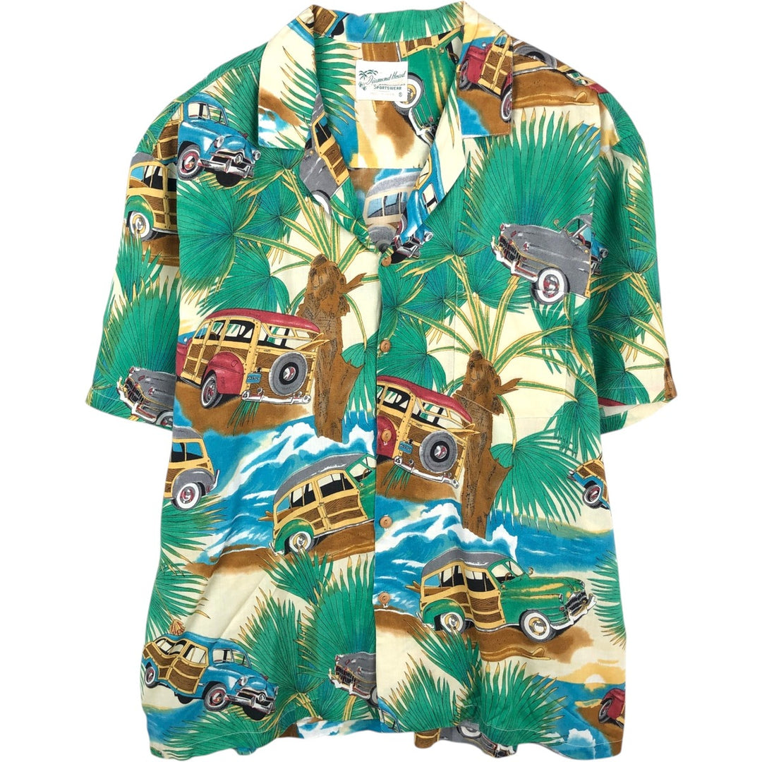 Diamond Head Sportswear All-over print open-collar Hawaiian Aloha shirt, boxy style, made in Hawaii, men's size L equivalent. unclear green type Vintage Second Hand